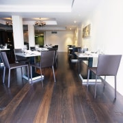 A view of the Haro African timber flooring dining room, floor, flooring, furniture, hardwood, interior design, laminate flooring, real estate, table, wood, wood flooring, white, black
