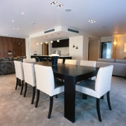 A view of the furniture used through out ceiling, dining room, floor, flooring, furniture, interior design, room, table, gray