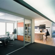 A view of some offices. - A view architecture, ceiling, daylighting, house, interior design, office, real estate, window, black, gray