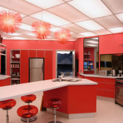 An example of some of the bold colours cabinetry, ceiling, countertop, interior design, kitchen, room, red, gray