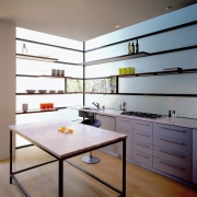shelving in the kitchen is bolted onto the architecture, cabinetry, ceiling, countertop, floor, interior design, kitchen, room, gray