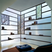 the floor is cantileverd out from the original architecture, ceiling, daylighting, glass, house, interior design, shelf, window, gray, white