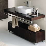 Wooden cabinetry and vanity, white hand basin and bathroom, bathroom accessory, bathroom cabinet, bathroom sink, furniture, plumbing fixture, product design, sink, tap, gray, black