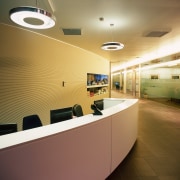 A view of the lighting design. - A ceiling, interior design, lobby, office, product design, brown