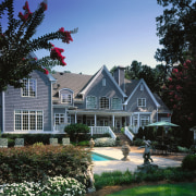 An exterior view of the entire pool and cottage, estate, farmhouse, historic house, home, house, landscape, landscaping, mansion, neighbourhood, outdoor structure, plant, property, real estate, residential area, roof, siding, suburb, tree, window, black