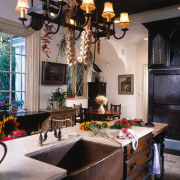 view of the large copper sink that is countertop, dining room, home, interior design, kitchen, living room, room, window, black, gray