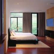 A view of the master bedroom, wooden flooring, bed frame, bedroom, ceiling, floor, hardwood, interior design, room, wall, window, window covering, window treatment, wood, wood flooring, gray