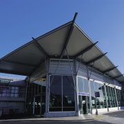 A view of the aluminium used on a architecture, building, commercial building, corporate headquarters, facade, house, roof, sky, structure, blue, black