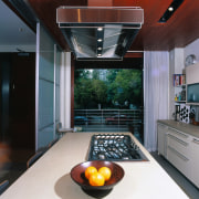 View through the kitchen out to the front ceiling, countertop, house, interior design, kitchen, black, gray