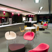 A view of the cafeteria, many different coloured interior design, restaurant, gray, black