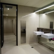 A view of the plumbing done in some architecture, bathroom, ceiling, floor, flooring, glass, interior design, tile, gray, brown