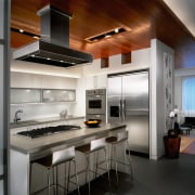 Interior view of the geometric looking kitchen. - cabinetry, countertop, cuisine classique, home appliance, interior design, kitchen, gray, black