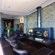 view of the large steel fireplace  custom ceiling, hearth, home, interior design, living room, lobby, real estate, room, wall, black, gray