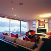 A view of the living area, black tiled ceiling, home, interior design, living room, real estate, room, suite, window, red