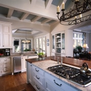 A view of the kitchen, wooden cabinetry and cabinetry, countertop, cuisine classique, home, interior design, kitchen, room, window, gray