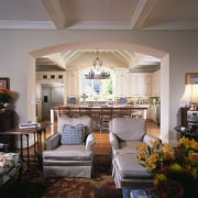 A view of the kitchen from the living ceiling, dining room, home, interior design, living room, real estate, room, gray