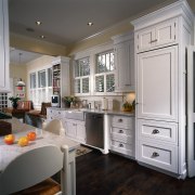 A view of the kitchen, wooden flooring and cabinetry, countertop, cuisine classique, interior design, kitchen, room, gray, black