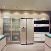 Hansen designed and manufactured this kitchen using glass cabinetry, countertop, home appliance, interior design, kitchen, major appliance, refrigerator, gray