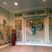 Room with motorcross mural painted on walls and ceiling, interior design, mural, room, wall, window, brown, gray