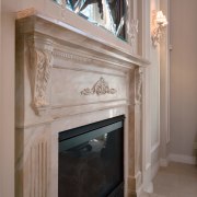 Fireplace with marble mantel and surround. - Fireplace fireplace, furniture, hearth, molding, gray