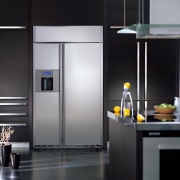 Large stainless steel side by side refrigerator set home appliance, interior design, kitchen, kitchen appliance, major appliance, product design, refrigerator, black, gray