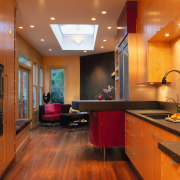 view of the kitchen featuring, polished timber flooring, cabinetry, ceiling, countertop, floor, flooring, hardwood, home, interior design, kitchen, real estate, room, wood flooring, brown