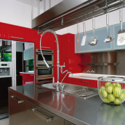 view of this kitchen featuring bright red cabinetry/ countertop, interior design, kitchen, gray