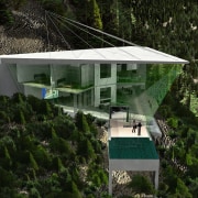 A view of the residence nestled in mountainside, architecture, home, house, plant, property, real estate, tree, black, brown