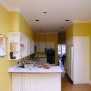 before shots of this narrow kitchen that is ceiling, countertop, daylighting, floor, home, house, interior design, kitchen, living room, real estate, room, window, gray