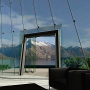 Lounge area of minimalist concept house with expansive architecture, house, real estate, sky, window, teal