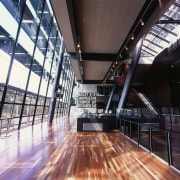 Atrium bistro area with extensive glazing and solid architecture, building, ceiling, daylighting, interior design, lobby, performing arts center, structure, tourist attraction, wood, black