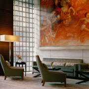 view of the st regis lobby featuring custom ceiling, home, interior design, living room, lobby, room, wall, brown, gray