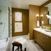 view of the master bathroom featuring marble flooring bathroom, bathroom accessory, bathroom cabinet, countertop, home, interior design, room, brown, gray