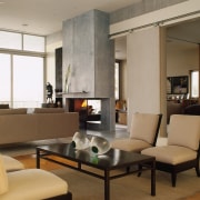 A view of the living area, wooden flooring floor, furniture, interior design, living room, lobby, room, table, brown, gray