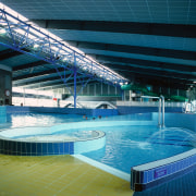 Large indoor pool complex with steel girders across leisure, leisure centre, resort town, sport venue, swimming pool, thermae, water, water park, teal