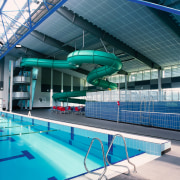 View of pool complex with ceiling panels and architecture, blue, daylighting, leisure, leisure centre, sport venue, structure, swimming pool, water, teal