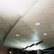 View of suspended ceiling with stepped ceiling design. angle, architecture, ceiling, daylighting, daytime, light, line, structure, wood, white, gray