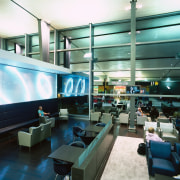 Seating area in airport building with large lighting interior design, lobby, white, black