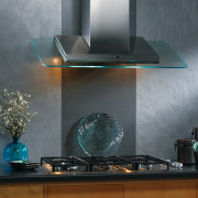 View of angled glass  kitchen hood with glass, interior design, light fixture, lighting, product design, gray, black