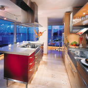 Modern kitchen with red island, timber cabinetry, stainless countertop, interior design, kitchen, gray