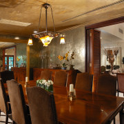 view of the formal dining room with painted ceiling, dining room, home, interior design, real estate, restaurant, room, table, brown