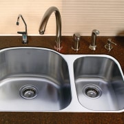 View of stainless steel kitchen sinks with Silestone bathroom sink, hardware, kitchen sink, plumbing fixture, product design, sink, tap, brown, orange