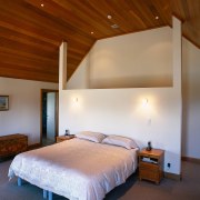 Bedroom with white headboard and walls, and timber architecture, bed, bed frame, bedroom, ceiling, daylighting, estate, floor, furniture, home, hotel, house, interior design, lighting, property, real estate, room, suite, wall, wood, brown, gray