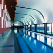 view of the 25m lap pool  on architecture, blue, daylighting, fixed link, leisure, leisure centre, metropolitan area, reflection, sky, structure, swimming pool, water, white, teal