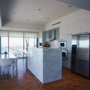 the kitchens used composite quartz  for benchtops architecture, cabinetry, ceiling, countertop, floor, flooring, hardwood, house, interior design, kitchen, laminate flooring, real estate, room, wood flooring, gray