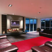 Lounge room with large gas fireplace with vases ceiling, home, interior design, living room, property, real estate, room, red, black