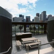 view of the outdoor area on level 10 apartment, architecture, building, condominium, daylighting, furniture, house, outdoor structure, real estate, residential area, roof, black, white