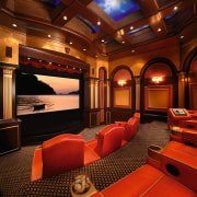 view of this custom home theatre built by auditorium, ceiling, entertainment, interior design, lighting, performing arts center, room, theatre, red