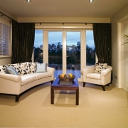 Lounge room with natural coloured carpet, cream sofa floor, home, interior design, living room, real estate, room, suite, window, window treatment, orange, brown