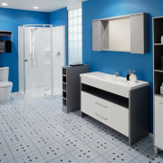 A view of a bathrom designed by Vogue bathroom, bathroom accessory, bathroom cabinet, blue, interior design, product, product design, room, gray